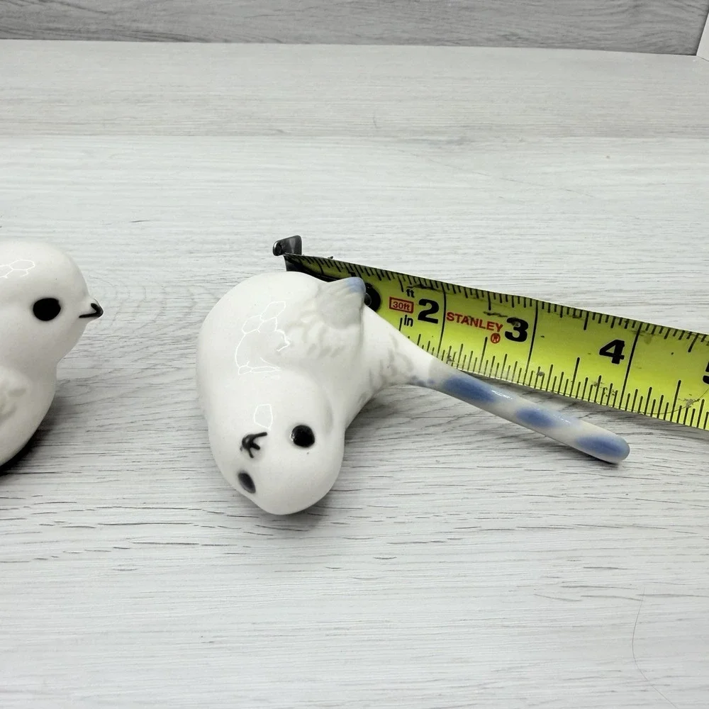 Porcelain Long Tail Bird Figurines Pair Soviet Era USSR White Blue VTG
